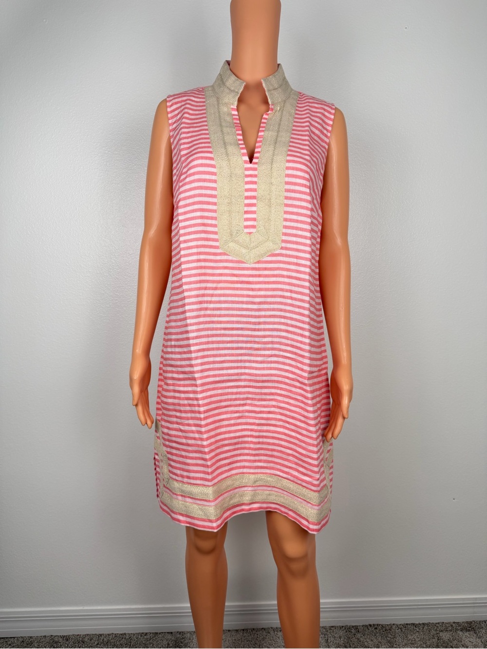 Sail to Sable Linen Dress Pink White Striped With Spakle Golden Trim